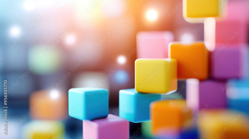 Colorful cubes stacked creatively against a blurred background, perfect for showcasing creativity and playfulness. Colorful cubes stacked creatively against a blurred background, perfect for showcasing creativity and playfulness.