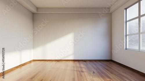 An empty room bathed in natural light, featuring wooden floors and large windows, exuding simplicity and elegance.