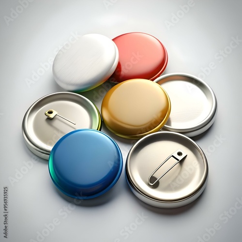 A close up image of six colorful blank buttons with safety pins. perfect for showcasing your brand. logo. or message.