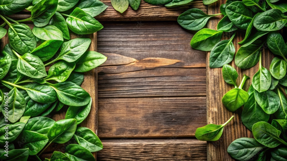 Fresh green spinach leaves spill over a rustic wooden border, surrounded by earthy tones and soft natural light, evoking a sense of healthy abundance. Fresh green spinach leaves spill over a rustic wooden border, surrounded by earthy tones and soft natural light, evoking a sense of healthy abundance.