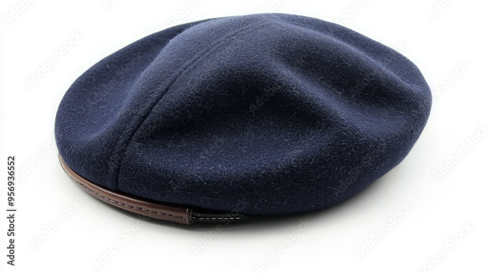 Navy Blue Beret Hat with Brown Leather Band Navy Blue Beret Hat with Brown Leather Band