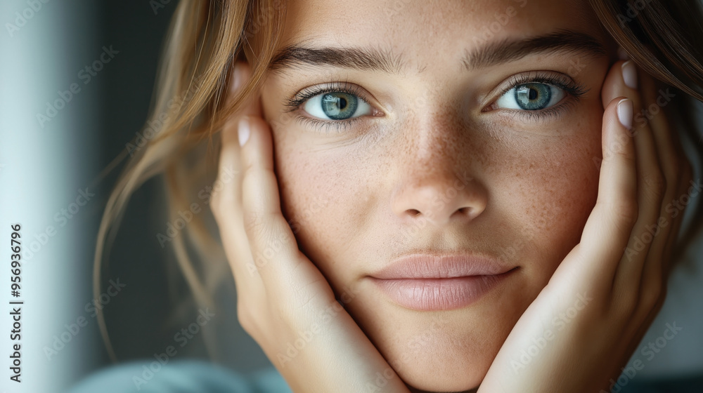 Close-up portrait of a young woman with blue eyes and freckles, resting her face in her hands. She has a natural look with minimal makeup. Close-up portrait of a young woman with blue eyes and freckles, resting her face in her hands. She has a natural look with minimal makeup.