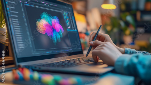 Creative individual digitally illustrating colorful abstract shapes on a laptop during evening hours