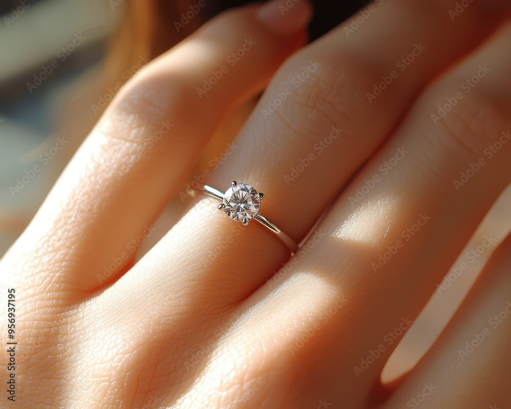 Obraz premium Close-Up of Woman's Hand with Diamond Engagement Ring