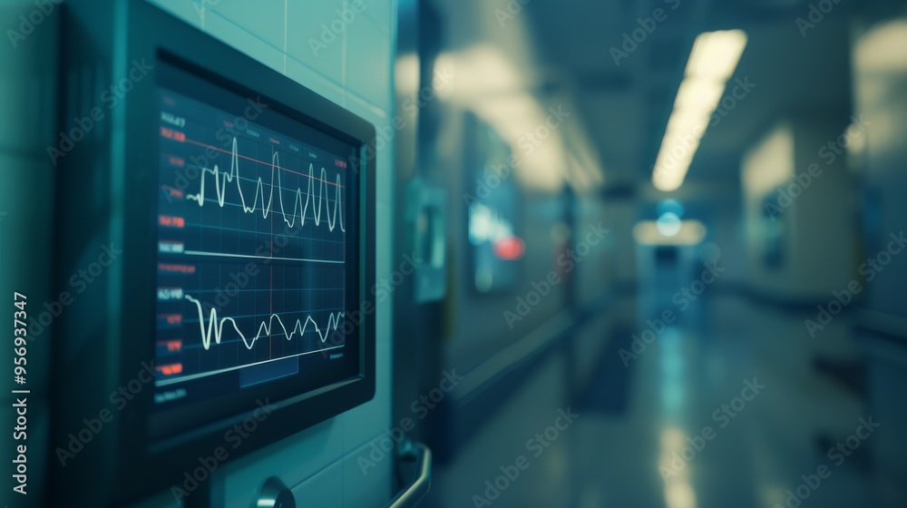 A hospital corridor illuminated by a heart rate monitor's glowing display, capturing the vigilant atmosphere of patient care in emergency settings. A hospital corridor illuminated by a heart rate monitor's glowing display, capturing the vigilant atmosphere of patient care in emergency settings.