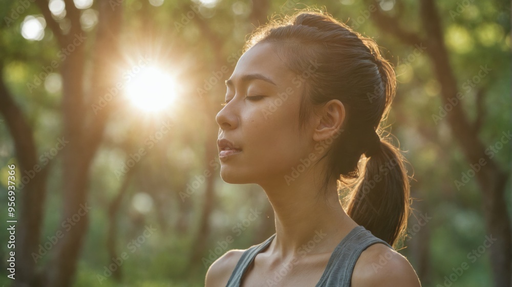 Young woman her eyes closed standing park forest The picture of Young woman her eyes closed standing park forest The picture of