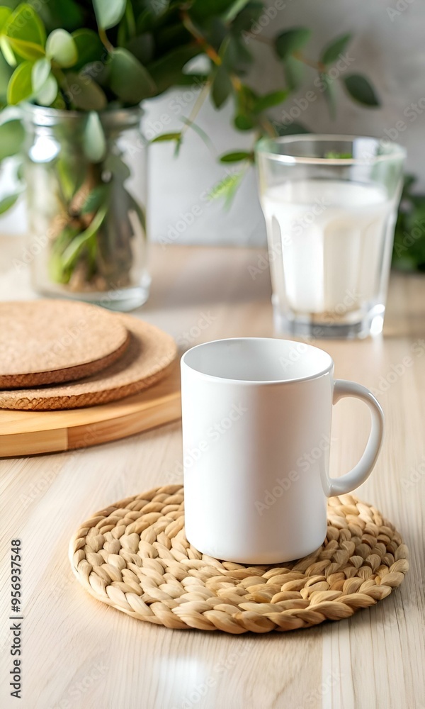 A simple yet elegant white mug rests on a rustic woven coaster. perfect for adding a touch of warmth to your home decor. A simple yet elegant white mug rests on a rustic woven coaster. perfect for adding a touch of warmth to your home decor.