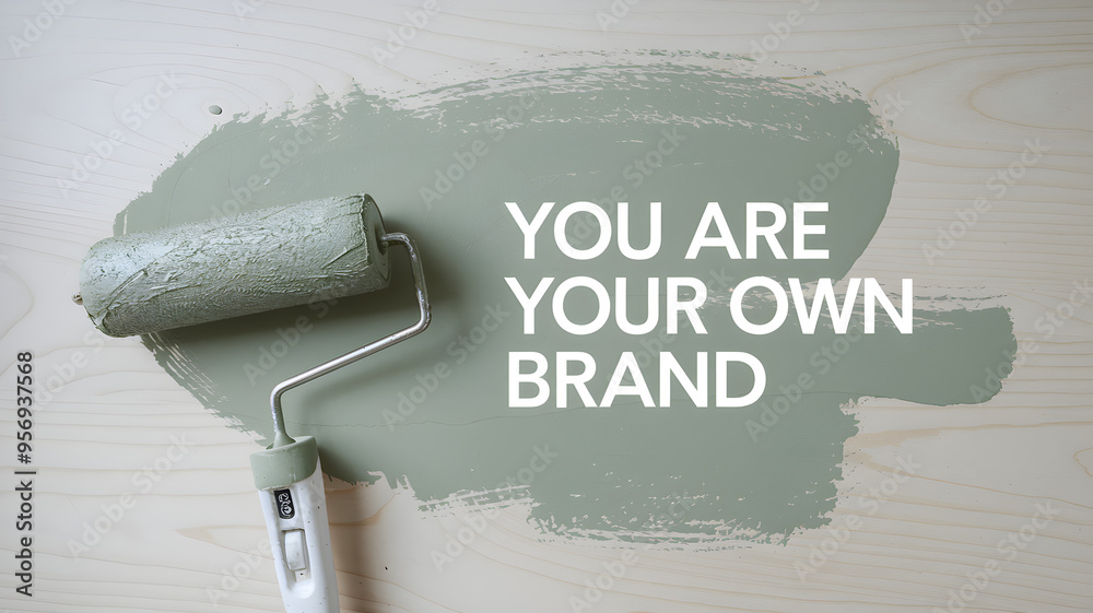 Paint roller with green paint on a wooden surface with the motivational text