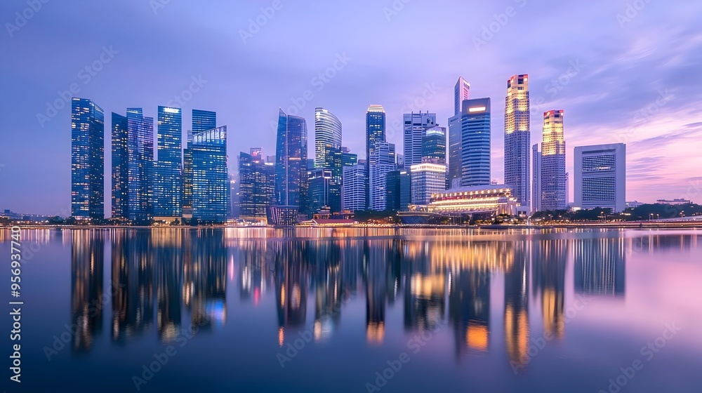 Obraz premium Serene Reflection of a Glowing Cityscape During Twilight Hours