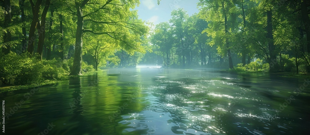 Fototapeta premium Tranquil River Scene Showcasing the Peaceful Beauty of a Lush Forest Landscape with Warm Sunlight and Vibrant Reflections on the Water