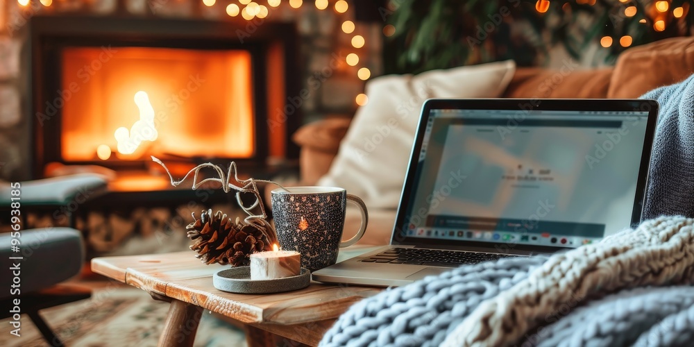 A cozy living room with a laptop showing an e-commerce site, highlighting the convenience of online shopping at home A cozy living room with a laptop showing an e-commerce site, highlighting the convenience of online shopping at home