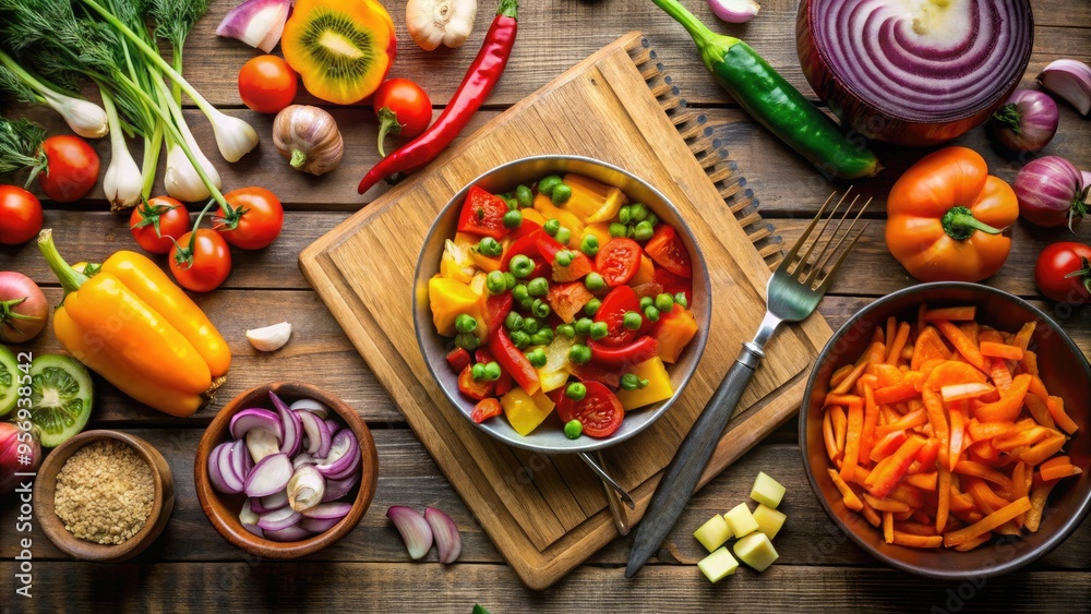 Freshly chopped colorful vegetables including bell peppers, carrots, and onions arranged on a rustic wooden table, surrounded by cooking utensils and a partially written recipe book. Freshly chopped colorful vegetables including bell peppers, carrots, and onions arranged on a rustic wooden table, surrounded by cooking utensils and a partially written recipe book.