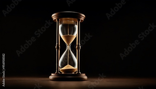 Elegant sand timer on black background, symbolizing time and decor,Sanduhr vor schwarzem Hintergrund, Zeit abgelaufen,1 photo