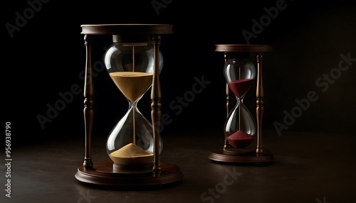 Sanduhr vor schwarzem Hintergrund, Zeit abgelaufen,Elegant sand timer on black background, symbolizing time and decor,14 photo