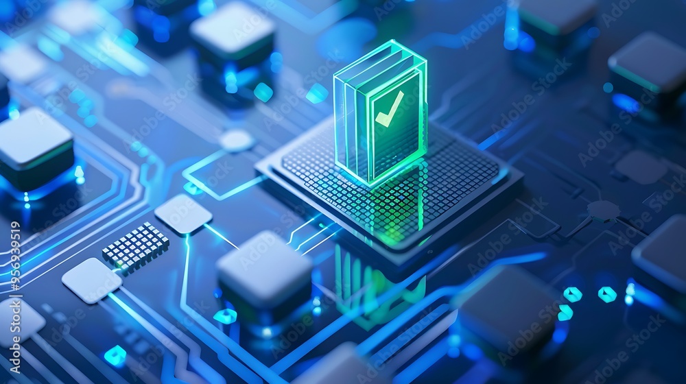 Abstract representation of digital technology with a glowing microchip and circuit board, symbolizing innovation and progress in tech. Abstract representation of digital technology with a glowing microchip and circuit board, symbolizing innovation and progress in tech.