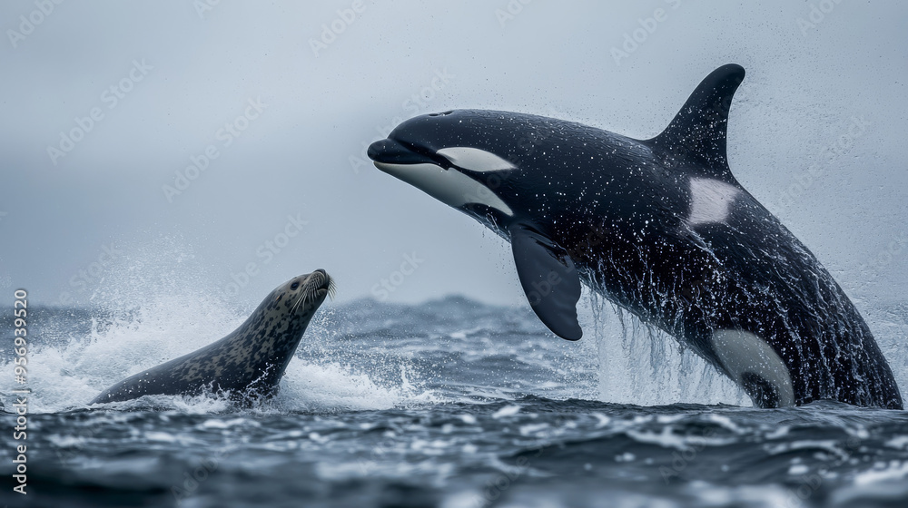 Fototapeta premium Orca Leaping Towards Grey Seal in the Ocean