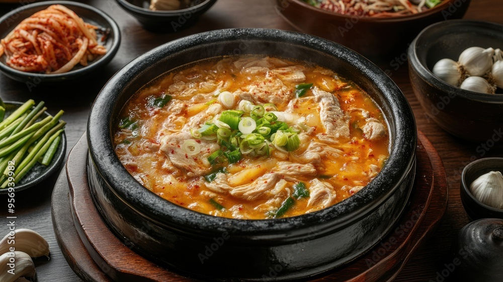 Rustic presentation of Korean ginseng chicken soup in a traditional pot, surrounded by fresh ginseng, garlic, and Korean side dishes. A popular dish during hot summers. Rustic presentation of Korean ginseng chicken soup in a traditional pot, surrounded by fresh ginseng, garlic, and Korean side dishes. A popular dish during hot summers.