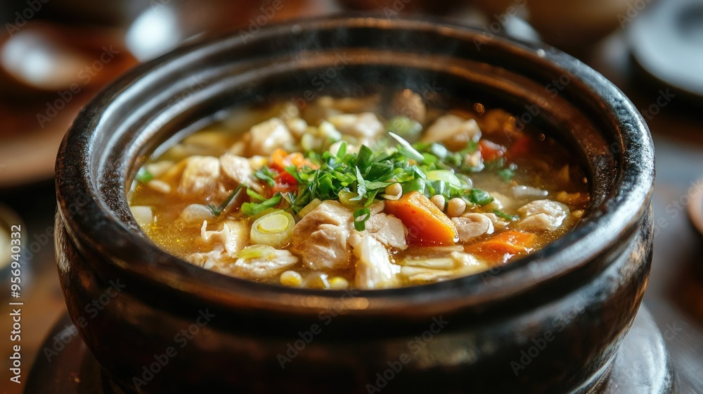 Rustic presentation of Silkie chicken soup in a clay pot, featuring Chinese medicinal ingredients. A traditional dish revered in Asian cultures for its immune-boosting properties. Rustic presentation of Silkie chicken soup in a clay pot, featuring Chinese medicinal ingredients. A traditional dish revered in Asian cultures for its immune-boosting properties.