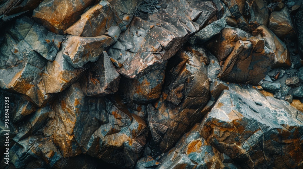 An arrangement of large, weathered rocks in multiple shades and textures, presenting the intricate patterns formed by natural processes. An arrangement of large, weathered rocks in multiple shades and textures, presenting the intricate patterns formed by natural processes.