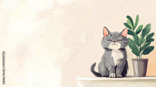 Illustration fluffy gray cat sits on white table next to green potted plant on light beige background, cartoon style. Copy space. Generative AI
