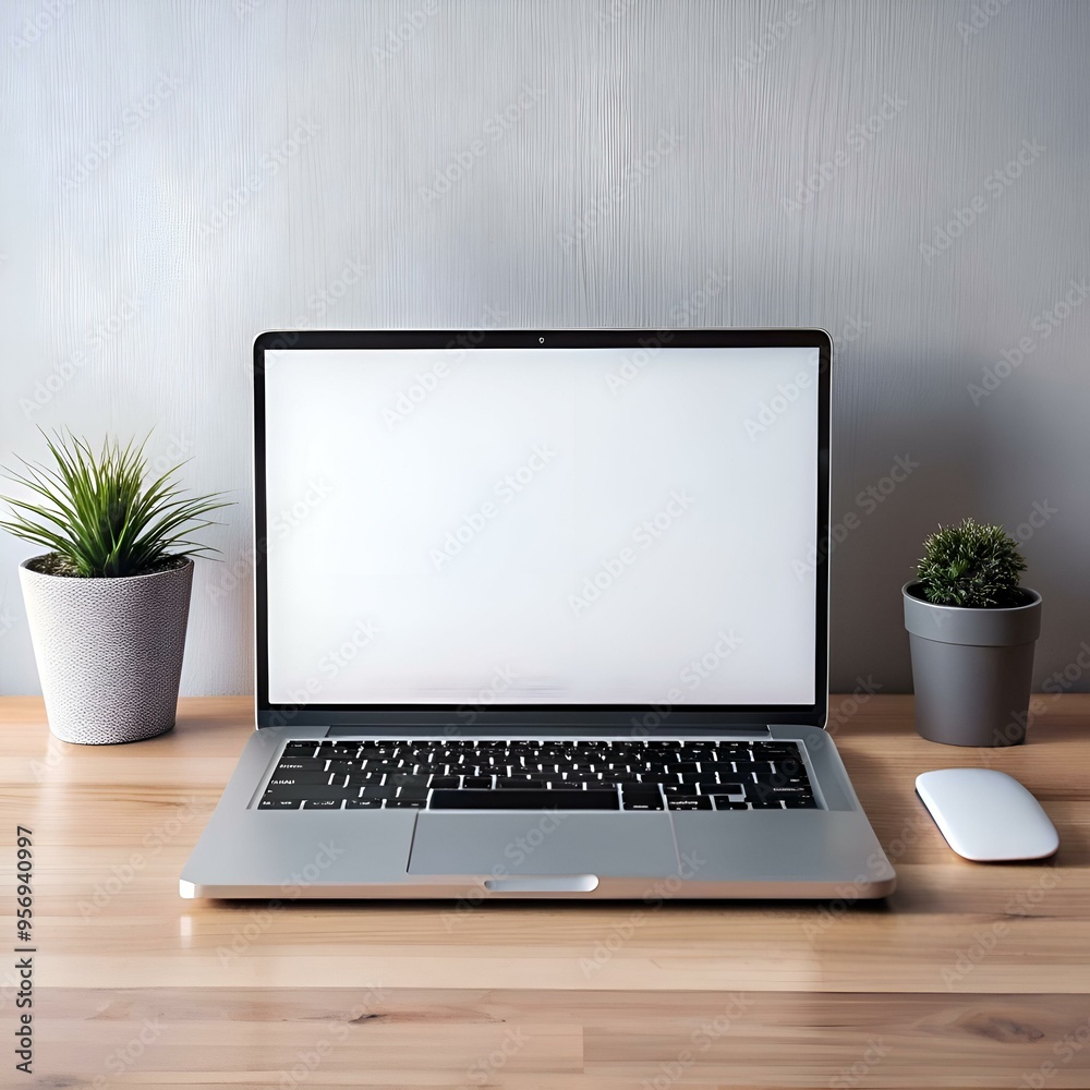 Fototapeta premium A sleek laptop with a blank screen sits on a wooden desk. perfect for showcasing your website. design. or message.