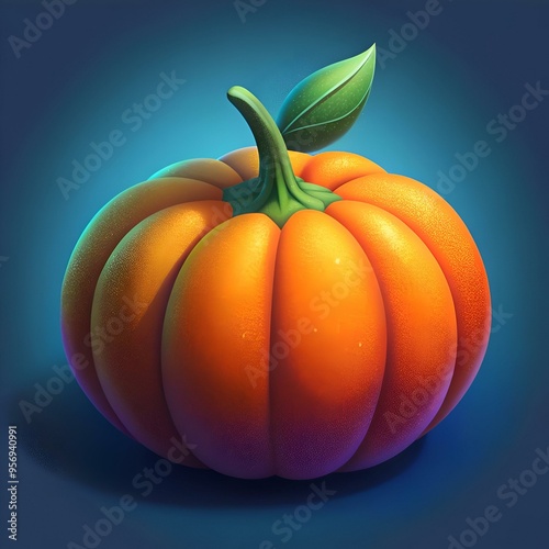 A vibrant 3D illustration of a plump. orange pumpkin with a single green leaf. photo