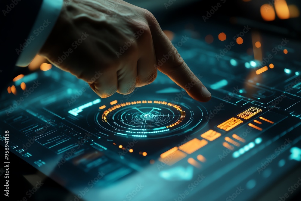 Obraz premium A futuristic touch screen interface being navigated, showcasing advanced technology and interactive design.