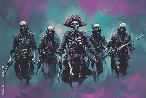 A group of skeleton pirates stands boldly against a mystical backdrop, showcasing a captivating blend of adventure and the supernatural. photo