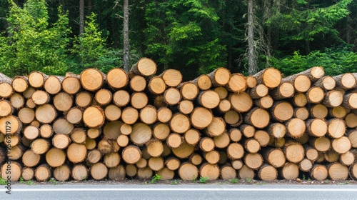 Cut wood is neatly stacked along a road near the forest, showcasing the timber collection process in a serene, wooded environment