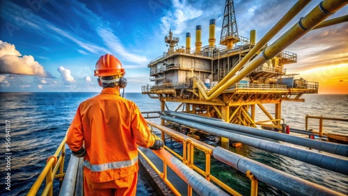 Rugged industrial equipment and pipes dominate the foreground as a solitary figure in a hard hat and orange vest works on an oil rig platform.