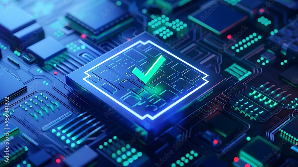 Close-up of a digital circuit board with a glowing checkmark at the center, representing technology and security verification. Close-up of a digital circuit board with a glowing checkmark at the center, representing technology and security verification.