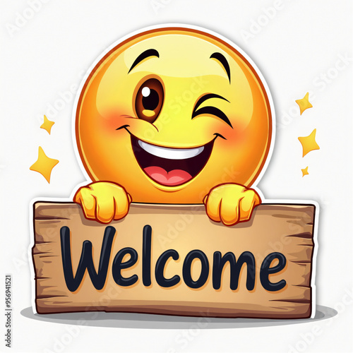 A smiling yellow face holding a sign that says "Welcome"