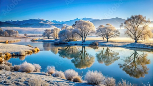 Frosty morning landscapes in the southern hemisphere showcase winter's chill, with misty hills, frozen lakes, and bare trees under a pale blue winter sky.