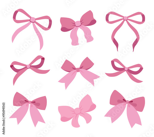 Vector Illustrations of soft pink vintage bow set. Bow for girly hair decor, flat icons. Ribbons isolated. Trendy girls accessories. Cute hairstyle elements collection