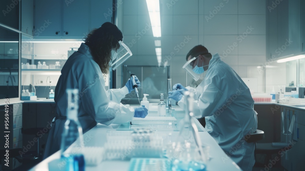Two lab technicians in protective gear, including face shields, work meticulously in a high-tech lab setting, emphasizing safety and precision in their tasks. Two lab technicians in protective gear, including face shields, work meticulously in a high-tech lab setting, emphasizing safety and precision in their tasks.