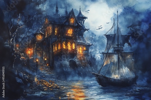 A mysterious haunted house illuminated by glowing windows, with a ghostly ship sailing through foggy waters under a moonlit sky.