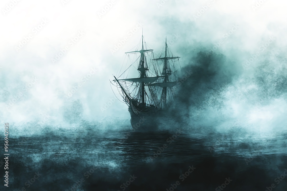 A mysterious ship appears through a foggy sea, evoking a sense of adventure and timeless exploration. A mysterious ship appears through a foggy sea, evoking a sense of adventure and timeless exploration.