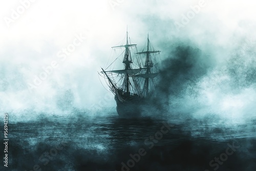 A mysterious ship appears through a foggy sea, evoking a sense of adventure and timeless exploration.