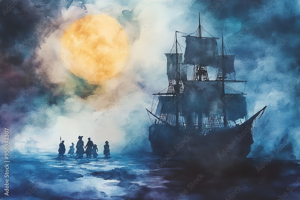 A mysterious ship sailing under a large moon, shrouded in fog with shadowy figures approaching. Perfect for nautical themes. A mysterious ship sailing under a large moon, shrouded in fog with shadowy figures approaching. Perfect for nautical themes.