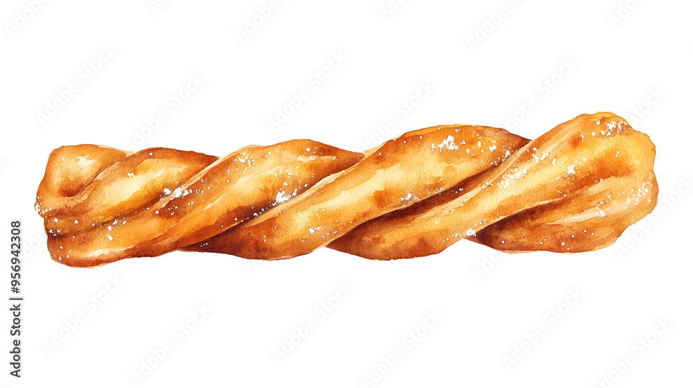 Watercolor Illustration of a Twisted Doughnut with Sugar Watercolor Illustration of a Twisted Doughnut with Sugar