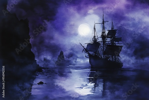 Wallpaper Mural A mystical ship sails through a foggy sea under a glowing moon, creating an enchanting atmosphere of adventure and mystery. Torontodigital.ca