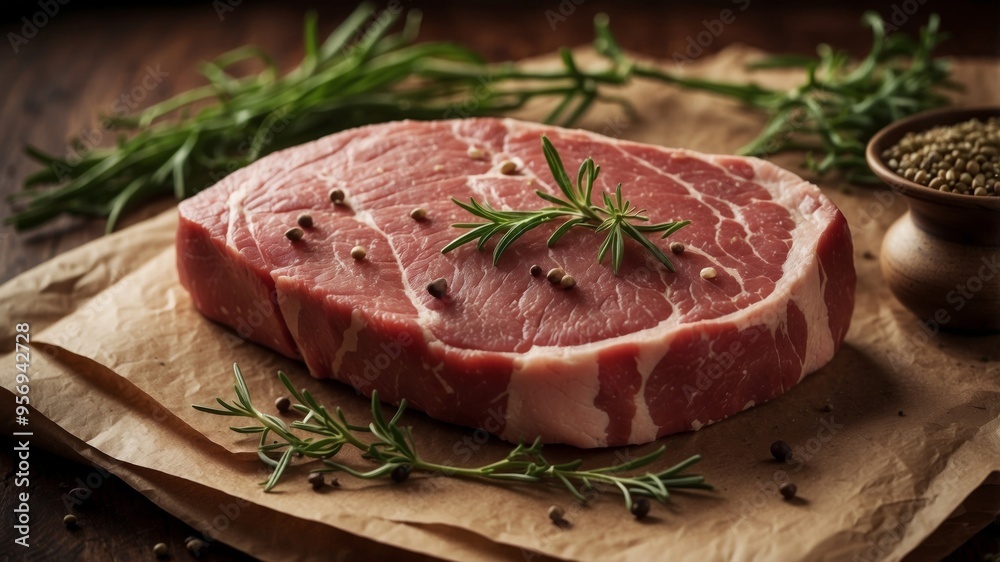 Fresh raw steak on brown paper with herbs. Fresh raw steak on brown paper with herbs.