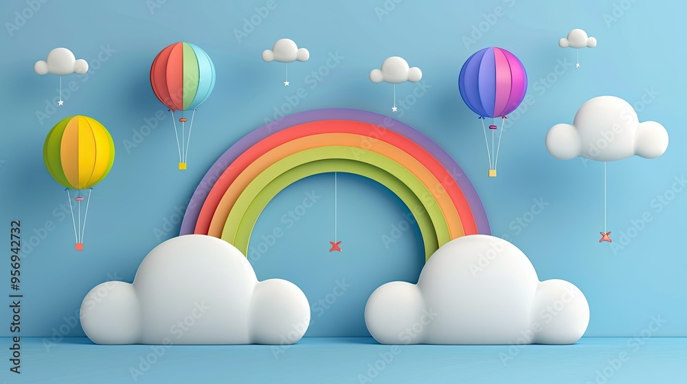 Colorful Hot Air Balloons and a Rainbow on a Blue Sky Colorful Hot Air Balloons and a Rainbow on a Blue Sky