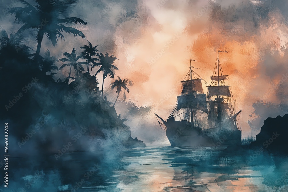 A serene watercolor scene featuring a majestic ship amidst tropical foliage, evoking adventure and tranquility at sunset. A serene watercolor scene featuring a majestic ship amidst tropical foliage, evoking adventure and tranquility at sunset.