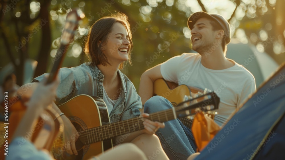 Friends enjoying a camping trip, playing guitars and singing, surrounded by a vibrant natural setting at sunset. Friends enjoying a camping trip, playing guitars and singing, surrounded by a vibrant natural setting at sunset.
