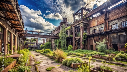 Rustic, abandoned industrial landscape with overgrown vegetation, old machinery, and crumbling concrete structures amidst a vast, open, and neglected factory site.