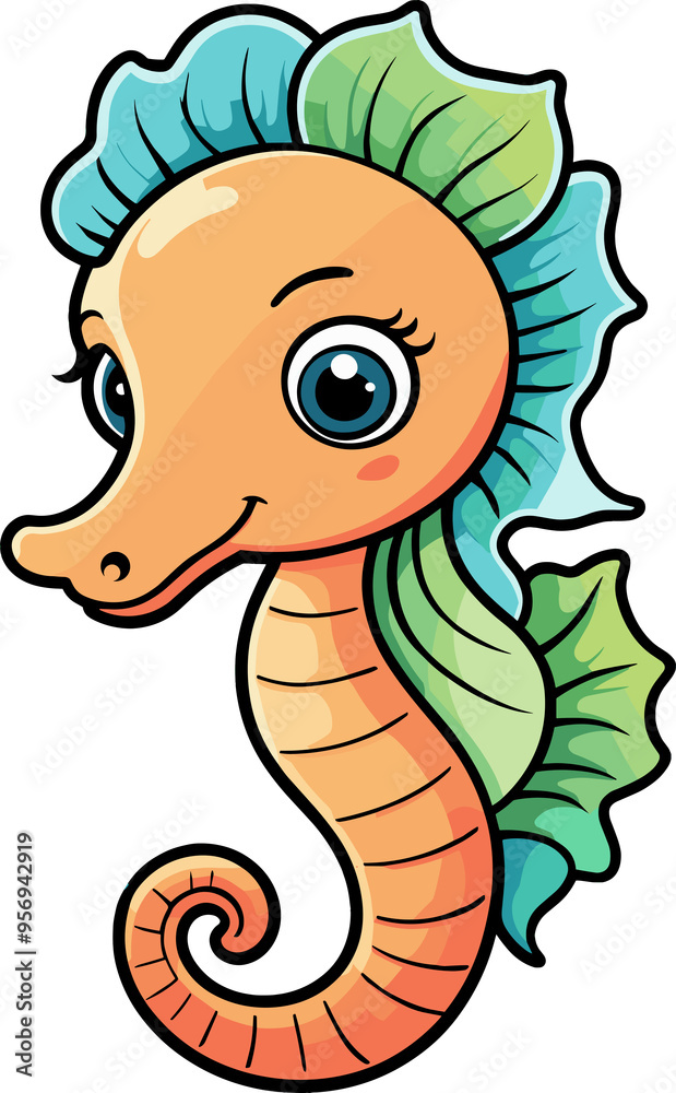 Fototapeta premium cute seahorse cartoon character illustration svg, colorful sea animal clipart for ocean life, aquatic, children book, kids, activity book, baby shower, sticker, anime, nature, drawing, aquarium, art