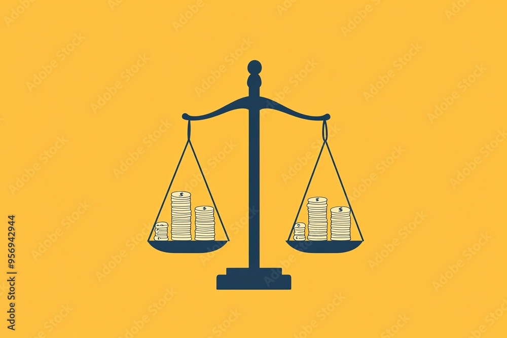 A symbolic representation of balance and justice, featuring scales with stacks of coins against a bright yellow background. A symbolic representation of balance and justice, featuring scales with stacks of coins against a bright yellow background.