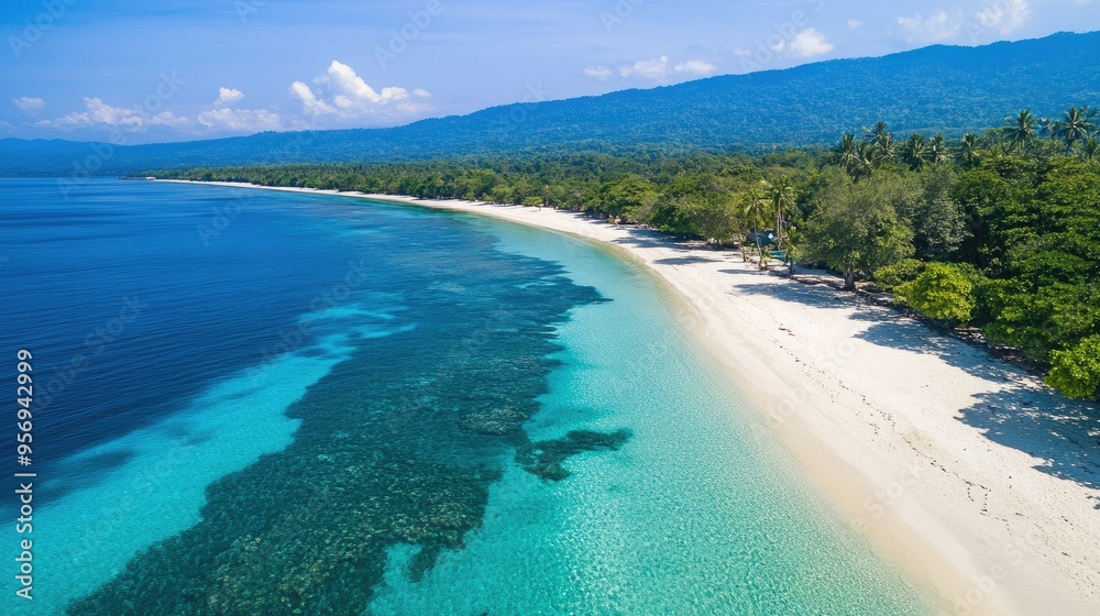 Scenic drone view of Santai Beach, Latuhalat, Ambon, Maluku, showing the pristine sands and sparkling waters, perfect for beach-themed backgrounds or travel ads. Scenic drone view of Santai Beach, Latuhalat, Ambon, Maluku, showing the pristine sands and sparkling waters, perfect for beach-themed backgrounds or travel ads.