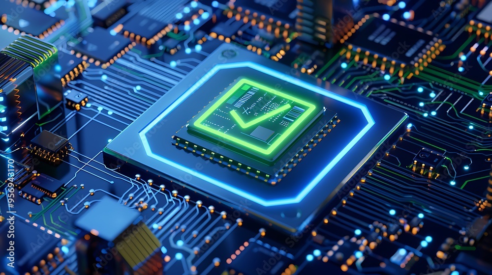 Close-up of a high-tech circuit board with glowing lines and a central processing unit, representing advanced technology and innovation. Close-up of a high-tech circuit board with glowing lines and a central processing unit, representing advanced technology and innovation.